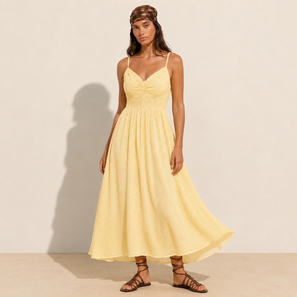 Torrid Polka Dot Maxi Dress 1X Butter Yellow Smocked Empire Waist Coquette
